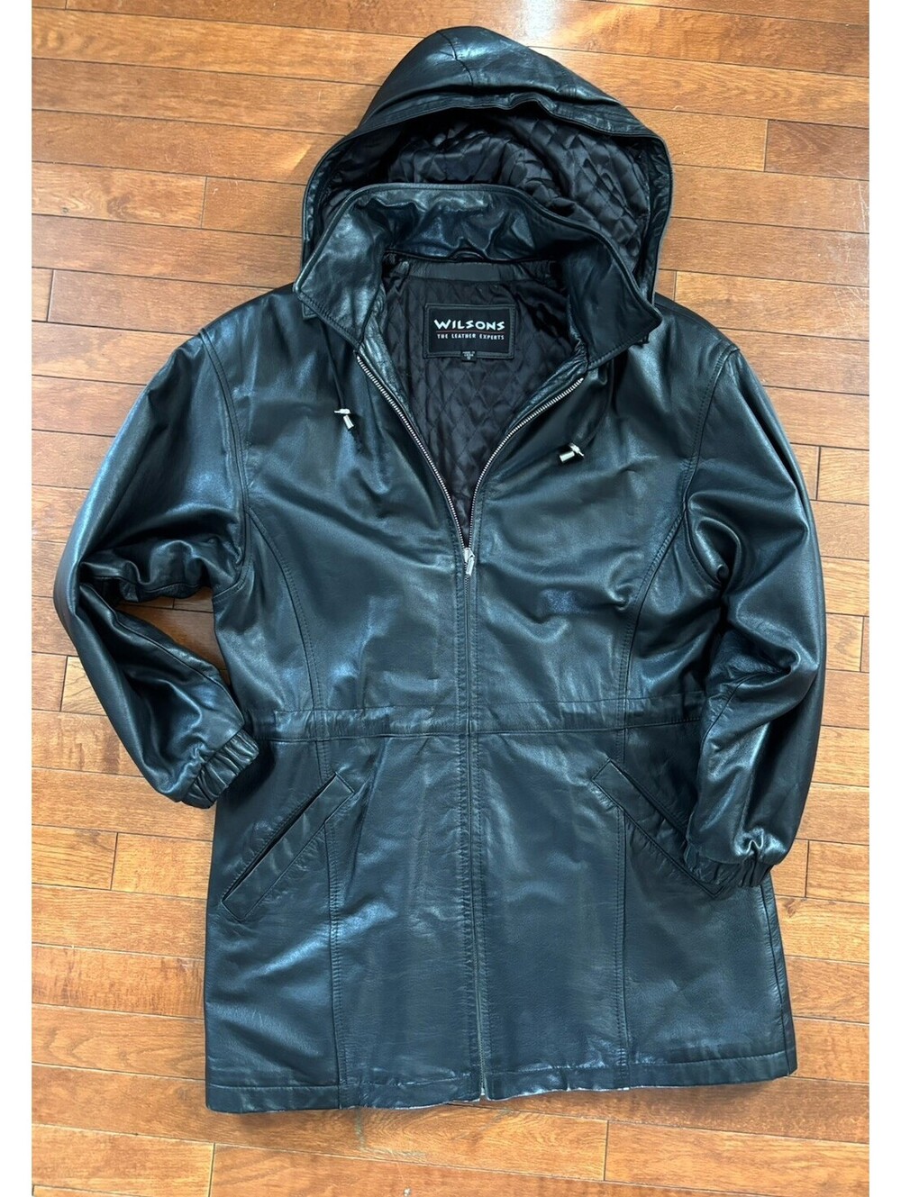 Wilson Black Leather Jacket Full Zip Lined Removeable Hood Belted Womens Small